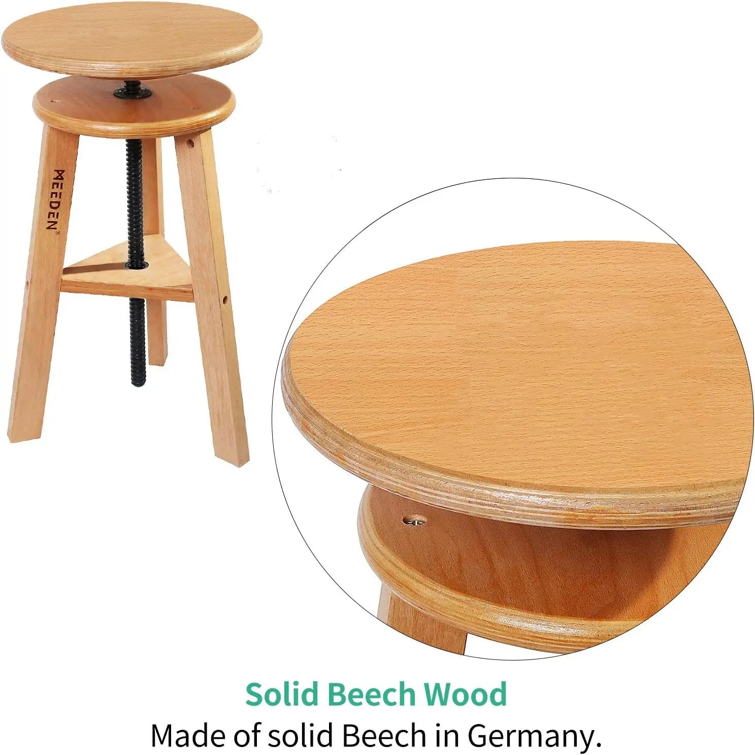 MEEDEN adjustable stool showing its round solid-beech seat
