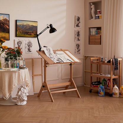 Side view of the MEEDEN drafting table with its worktop raised