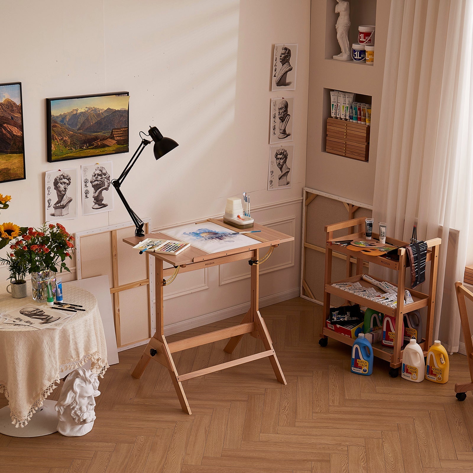 MEEDEN adjustable beech drafting table in a bright art studio