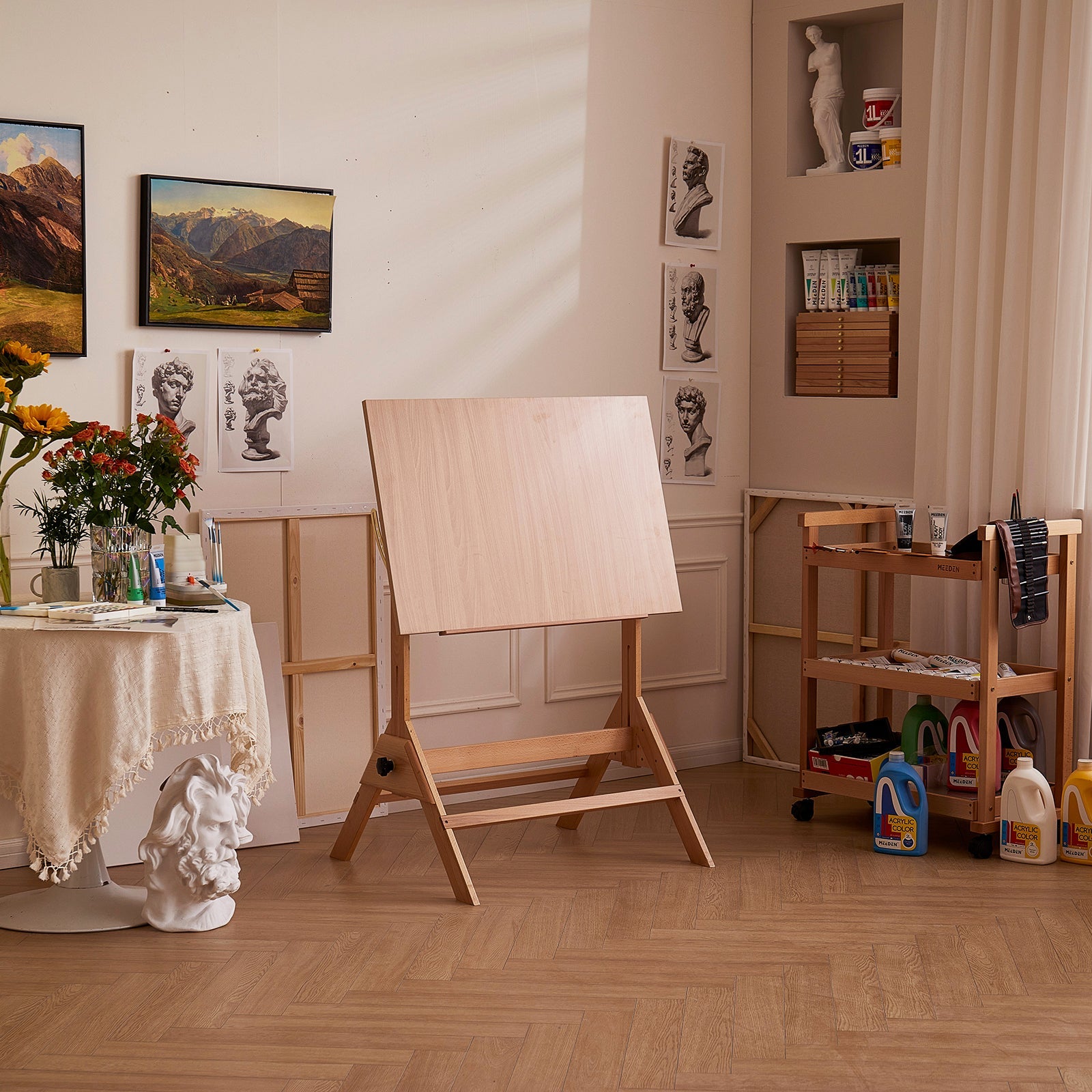 MEEDEN drafting table angled upright in a natural-light studio