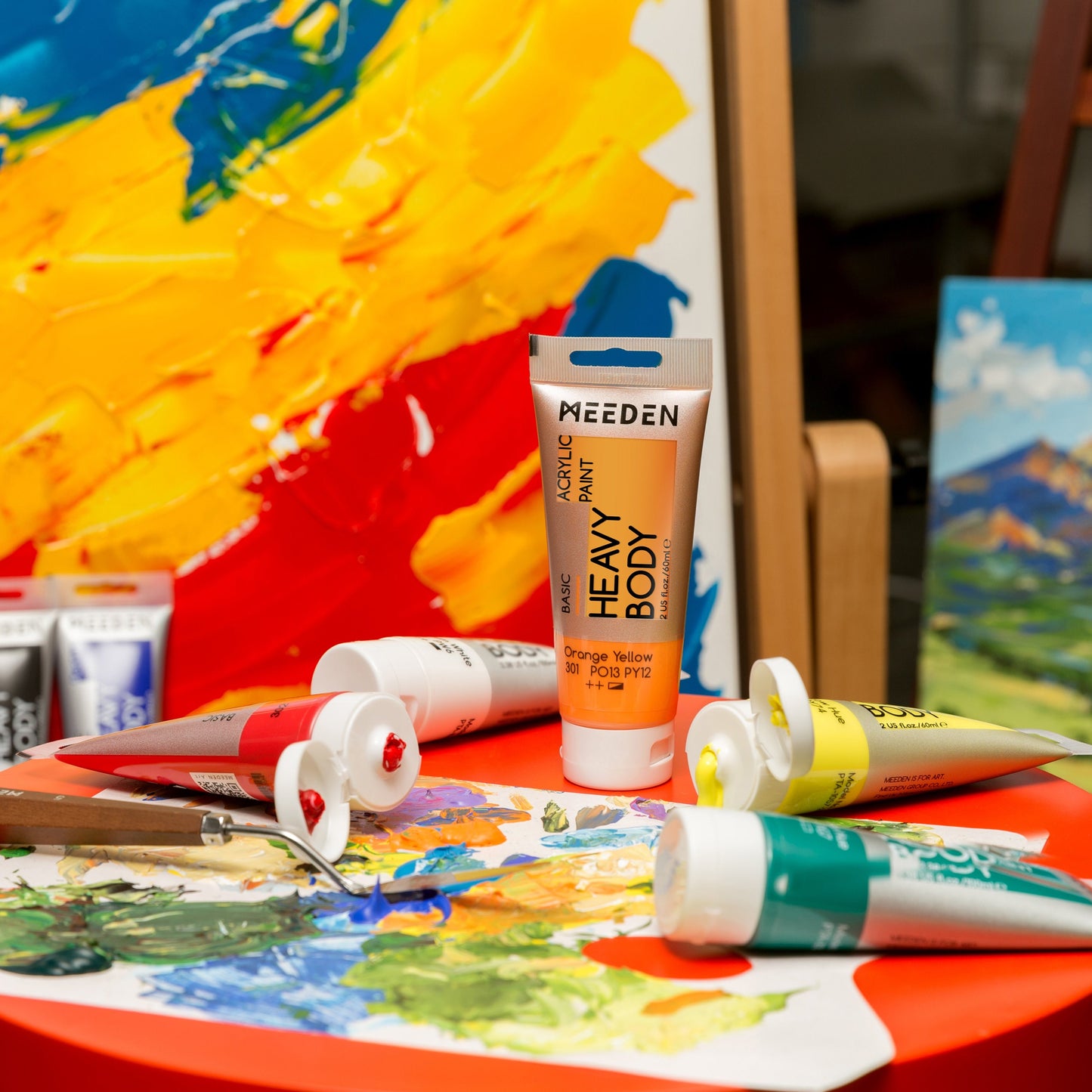 Artist painting with MEEDEN heavy body acrylic colours and 100ml tubes