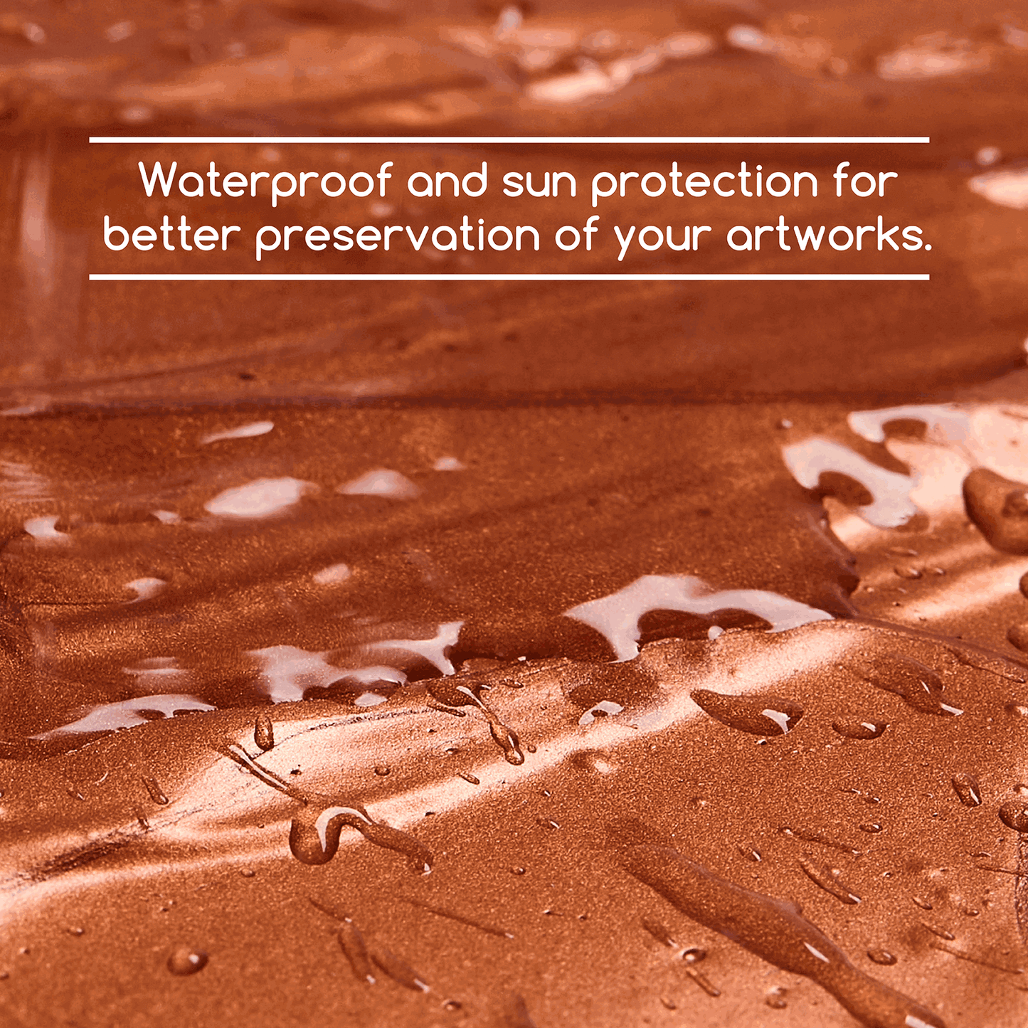 Water droplets on a surface painted with MEEDEN Metallic Copper acrylic