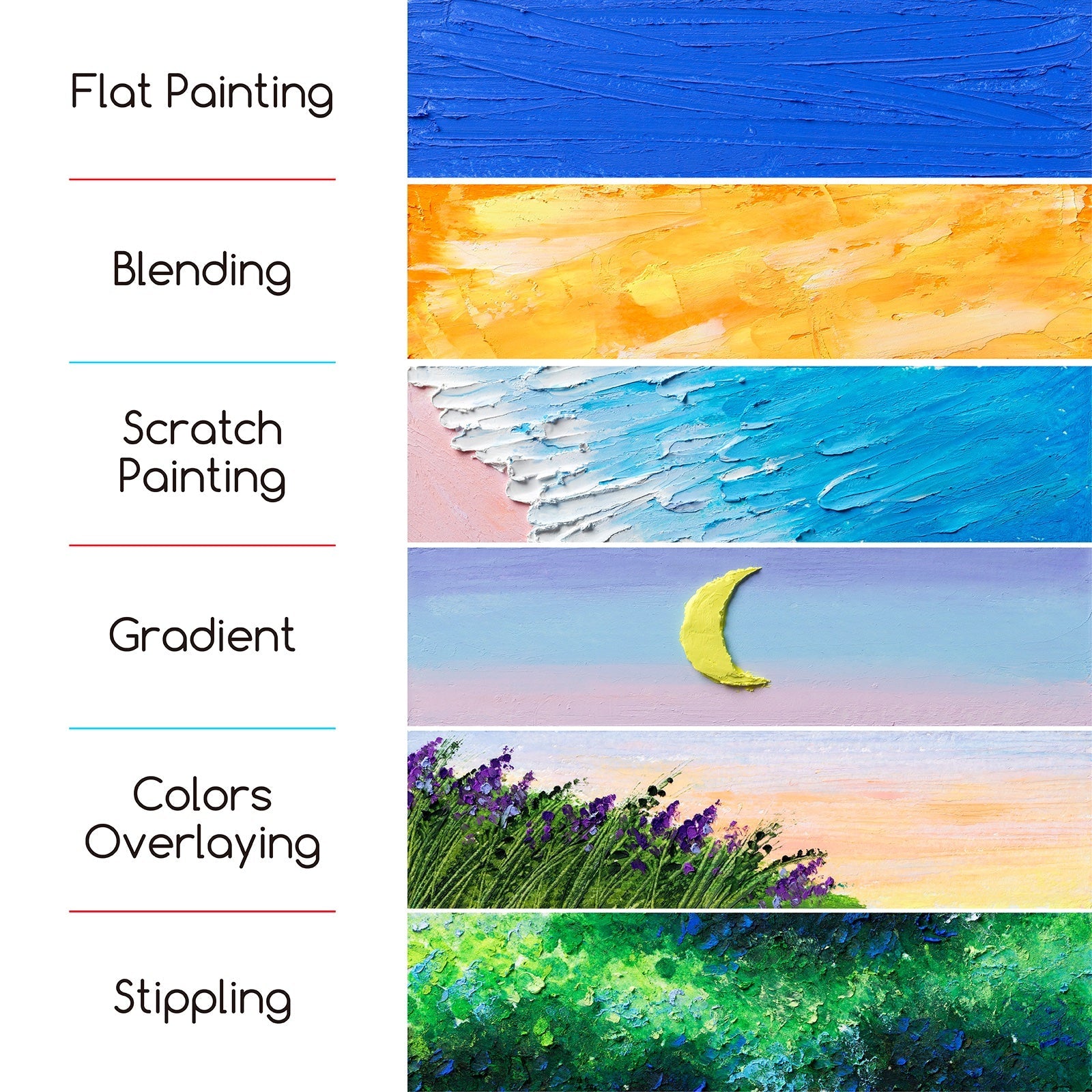 MEEDEN oil pastel examples showing blending, gradients and stippling