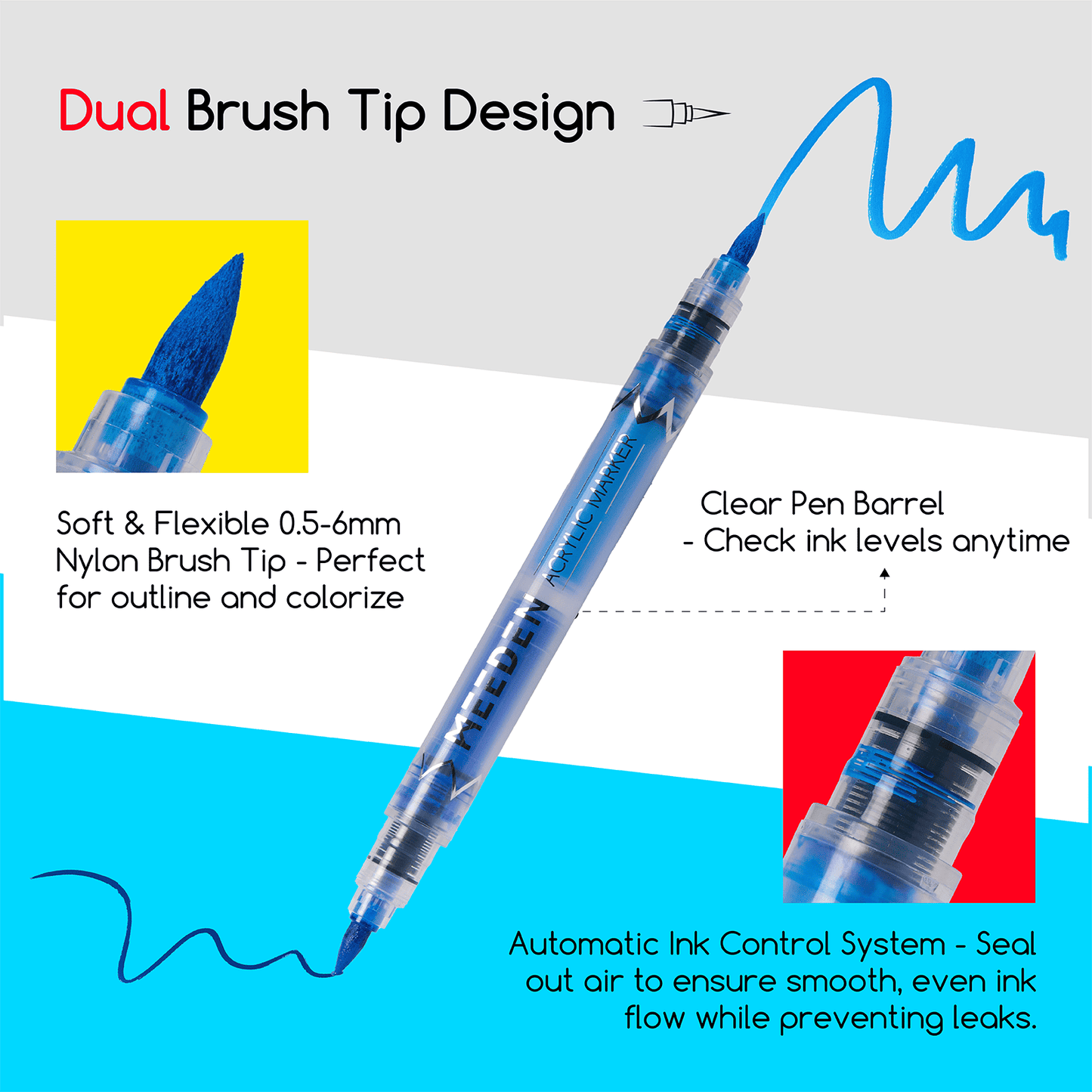 MEEDEN marker feature graphic showing soft tips and clear pen barrels