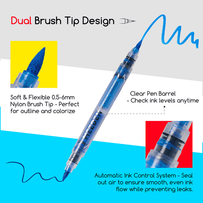 MEEDEN marker feature graphic showing soft tips and clear pen barrels