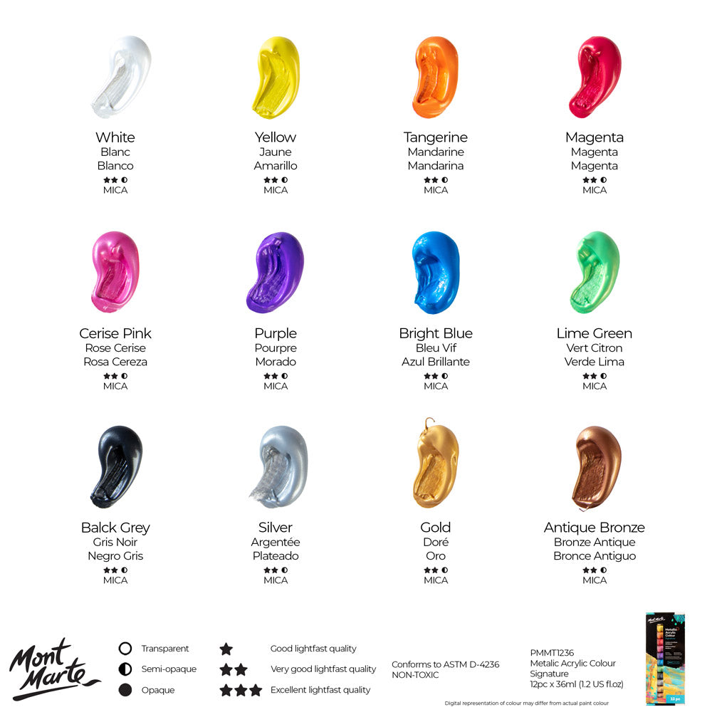 Metallic Acrylic Colour Paint Set Signature 12pc x 36ml - Mont Marte