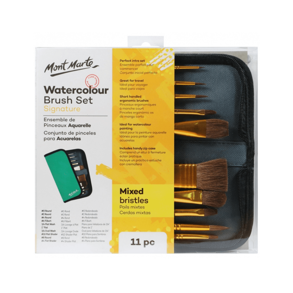 Mont Marte mixed bristle art brush set in a wallet with 11 watercolor brushes, ideal for detailed watercolor painting.