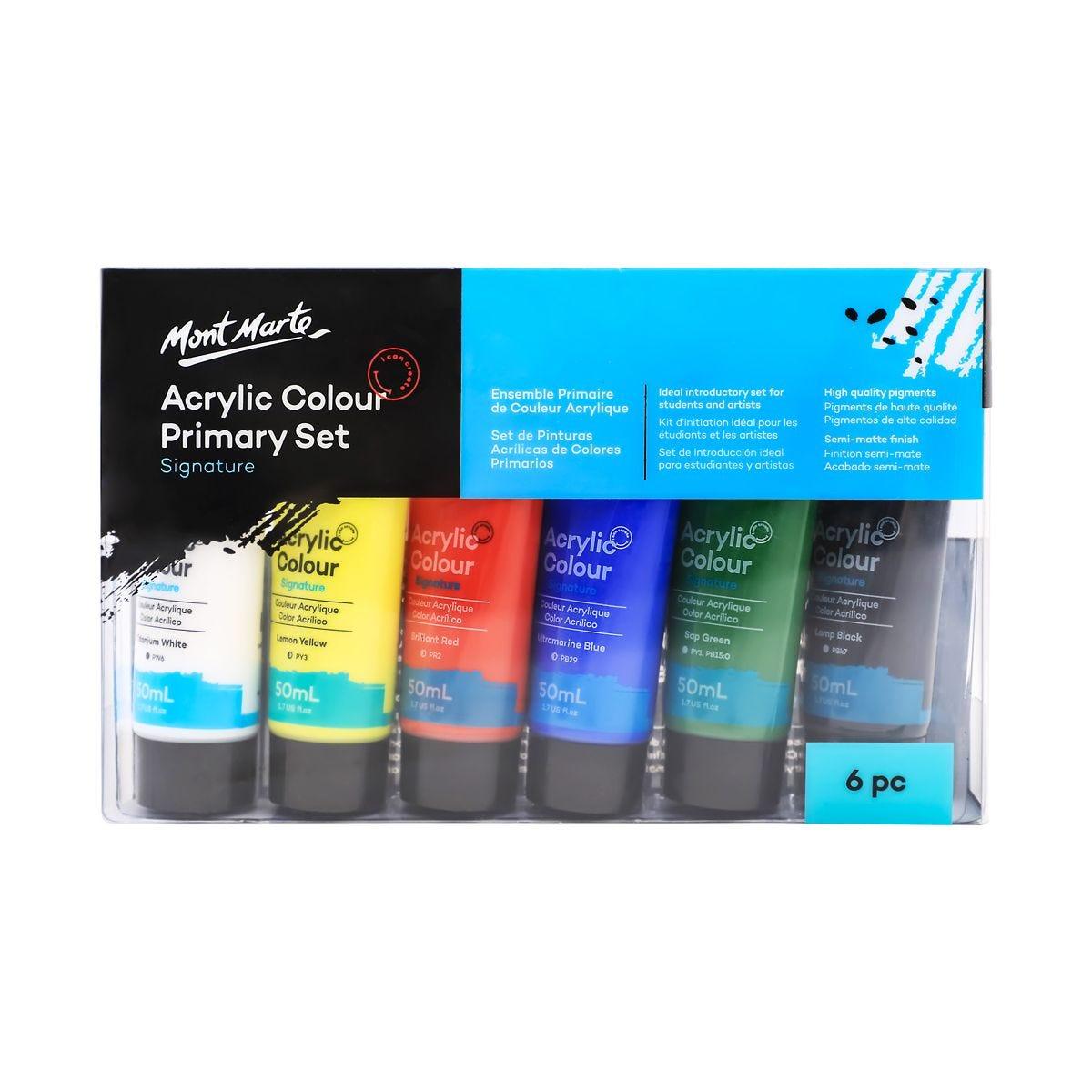 Mont Marte acrylic colour primary paint set with 6 tubes of 50ml (1.7oz) each, featuring vibrant, glossy paint for art and craft projects.