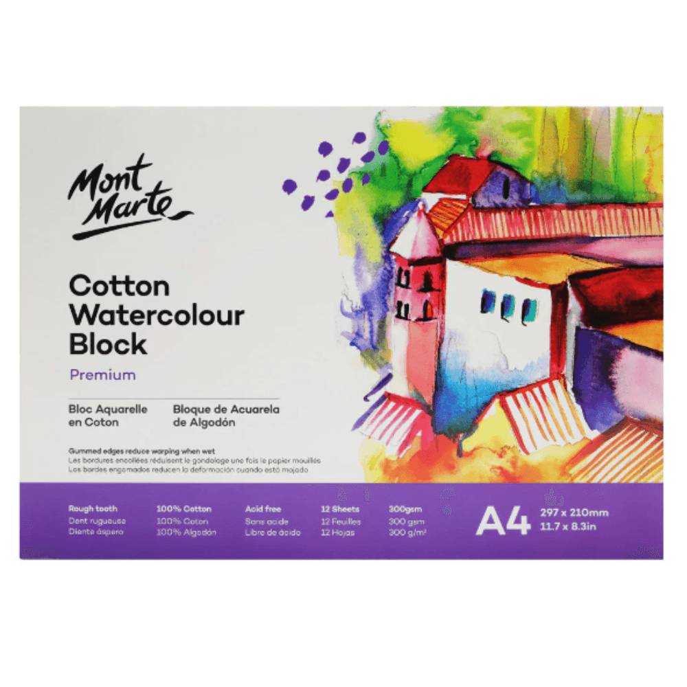 Mont Marte Cotton Watercolour Paper Block Premium 300gsm A4 - 12 Sheets