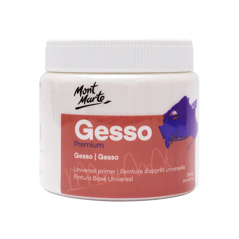 Mont Marte Gesso Premium White 500ml in a jar, used as a primer or base coat for paintings and art projects.