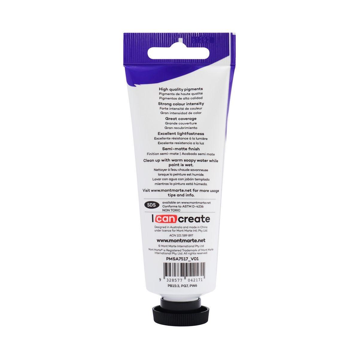 Mont Marte Satin Acrylic Paint Tube 75ml - Cerulean Blue - Glowish