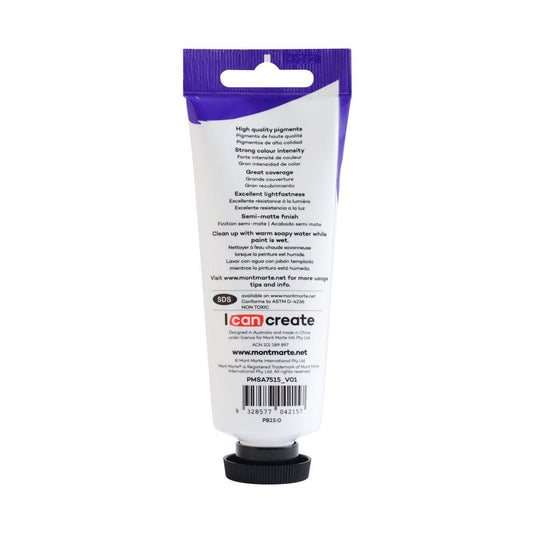 Mont Marte Satin Acrylic Paint Tube 75ml - Phthalo Blue - ArtSupplies.nz