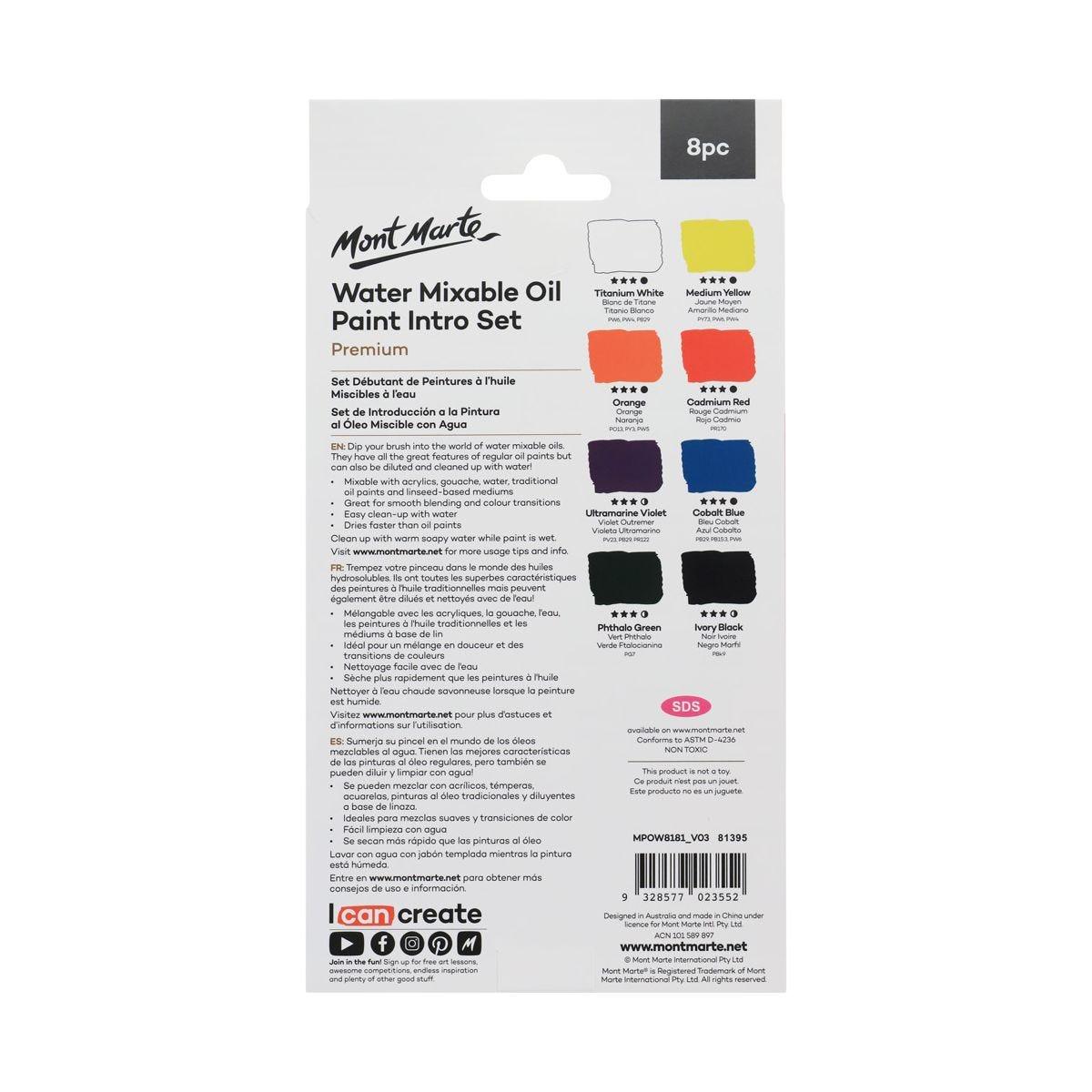 Mont Marte Water Mixable Oil Paint Intro Set Premium 8pcs x 18ml (0.6oz) - Glowish