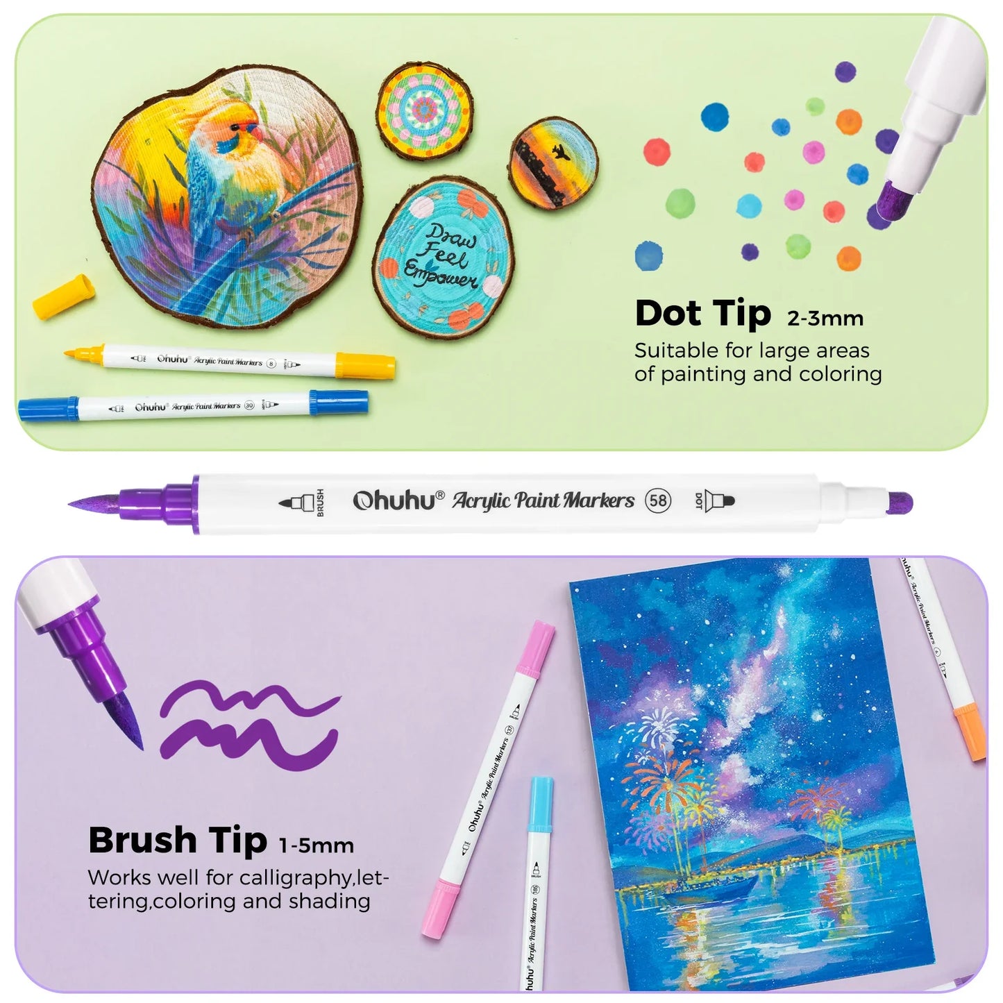 Ohuhu Acrylic Paint Markers 36 Colours, Brush & Dot