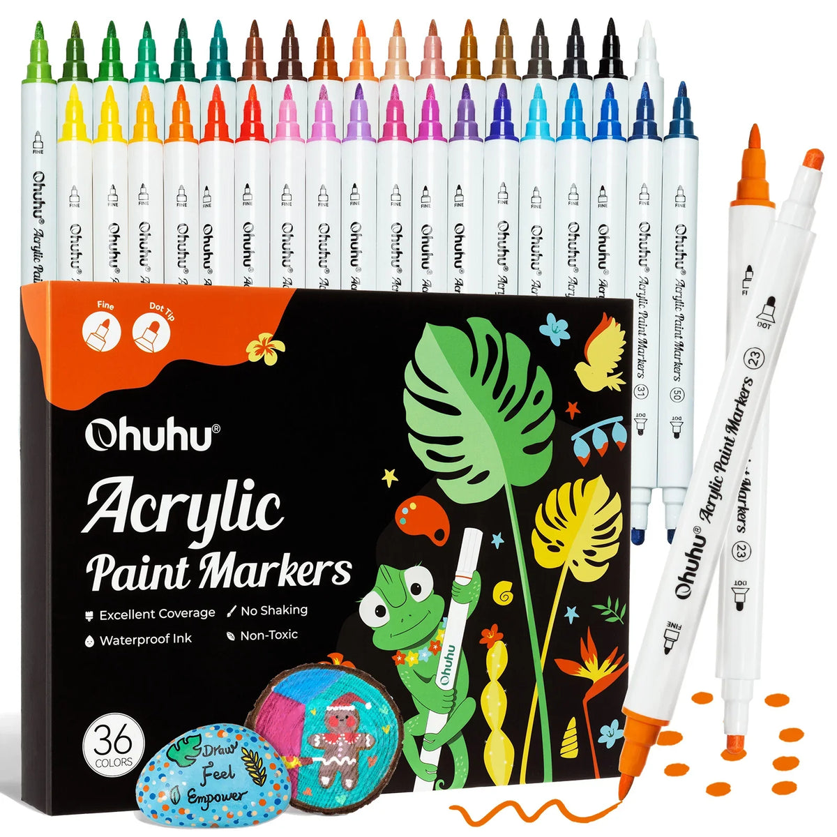 Ohuhu acrylic paint markers with 36 vibrant colors, fine and dot tips, suitable for art and craft projects.