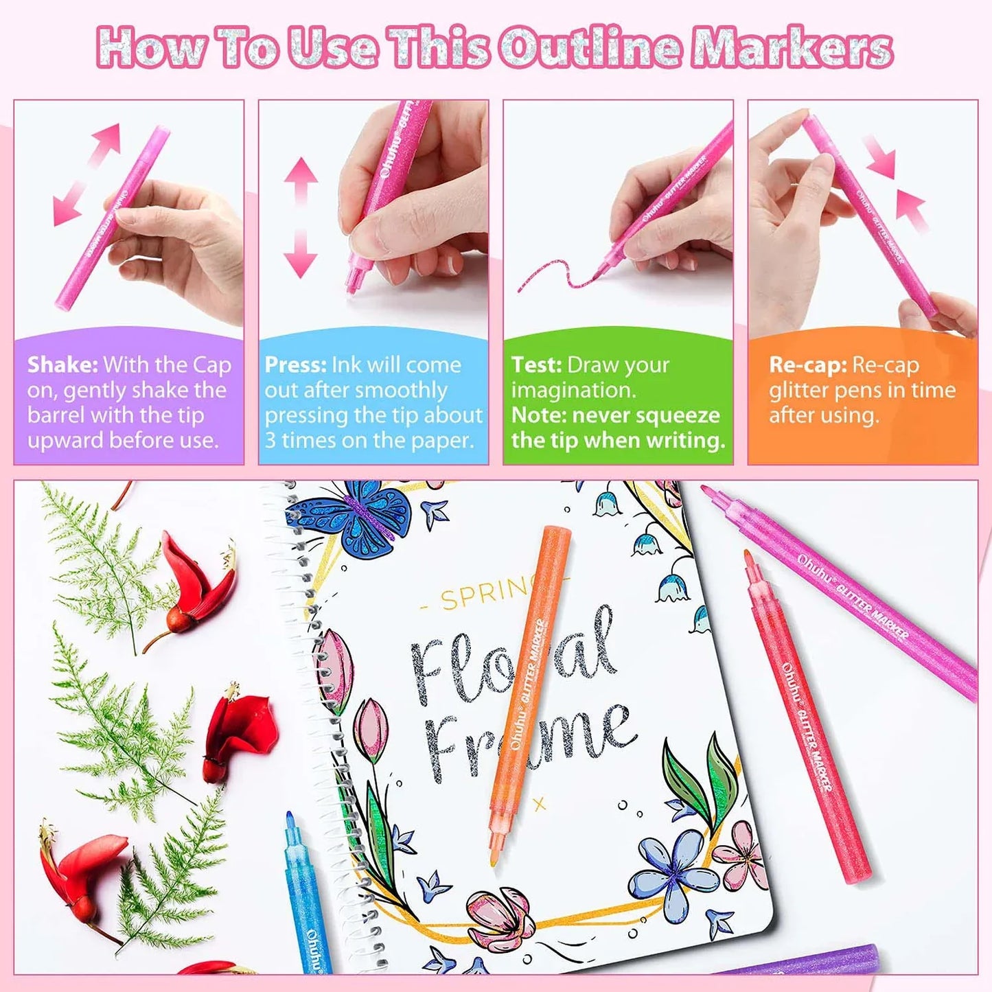 Ohuhu Glitter Metallic Marker Pens 12 Colours