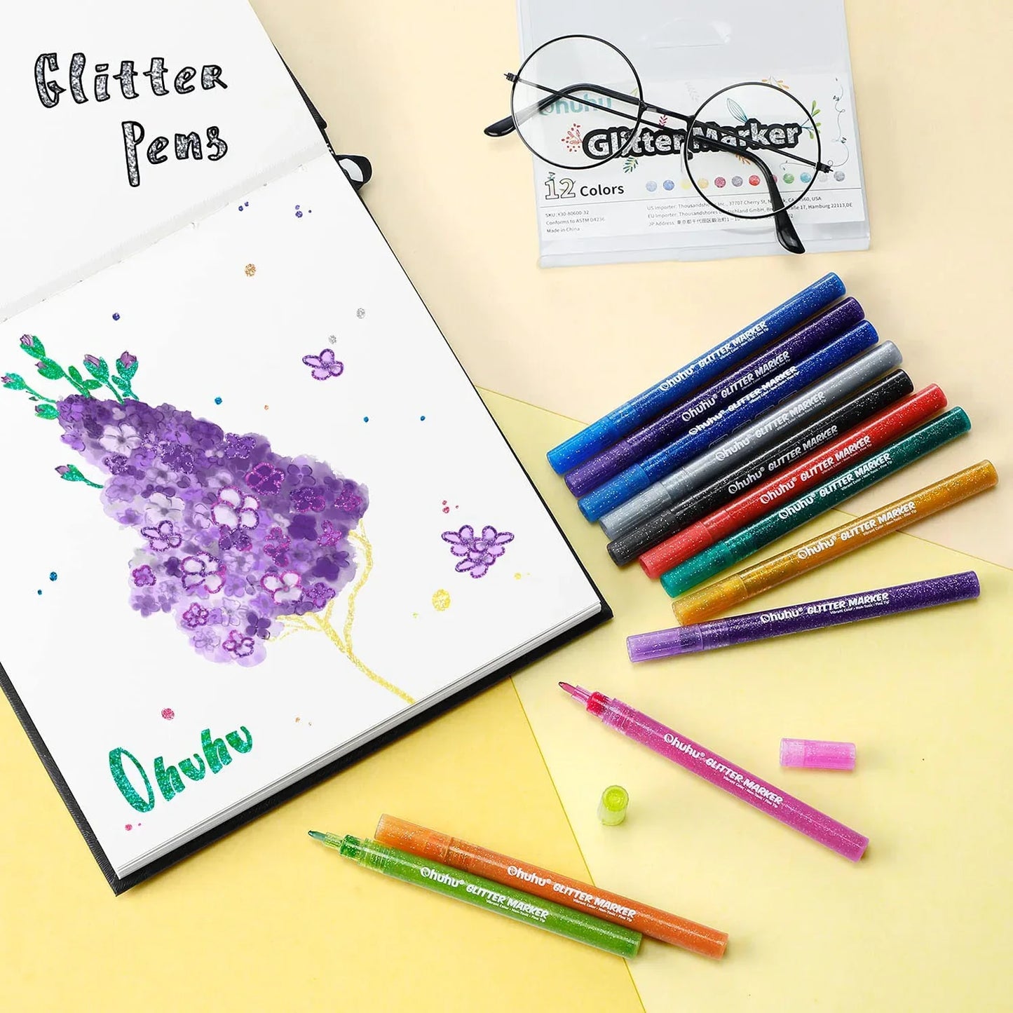 Ohuhu Glitter Metallic Marker Pens 12 Colours