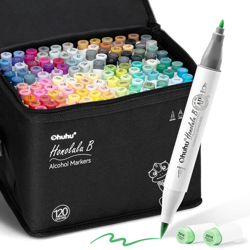 Ohuhu Honolulu B 120 Colours Brush and Fine Marker Set for drawing and painting, with vibrant markers and brushes.