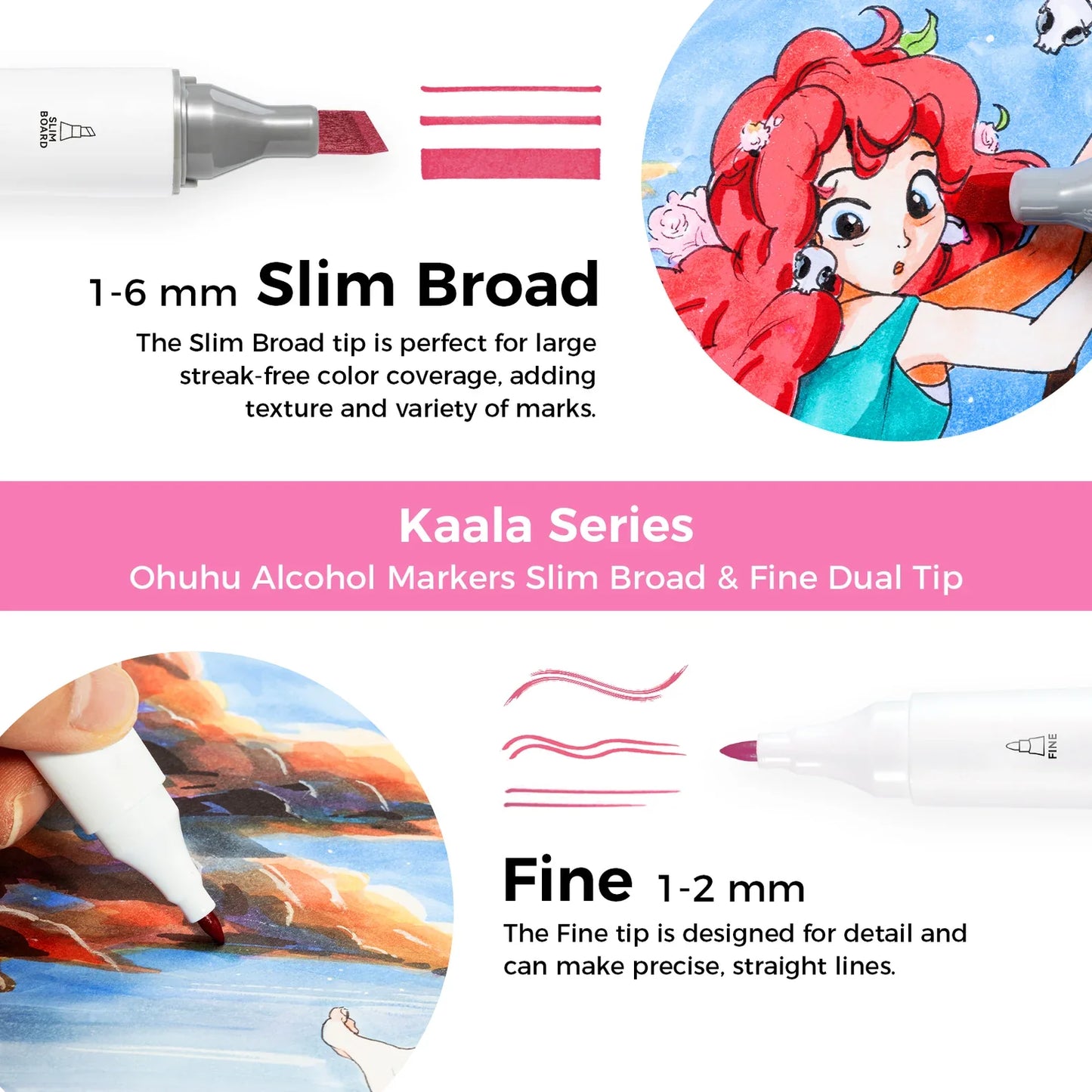 Ohuhu Kaala 60 Colours Dual Tip Alcohol Markers, Illustration Tones