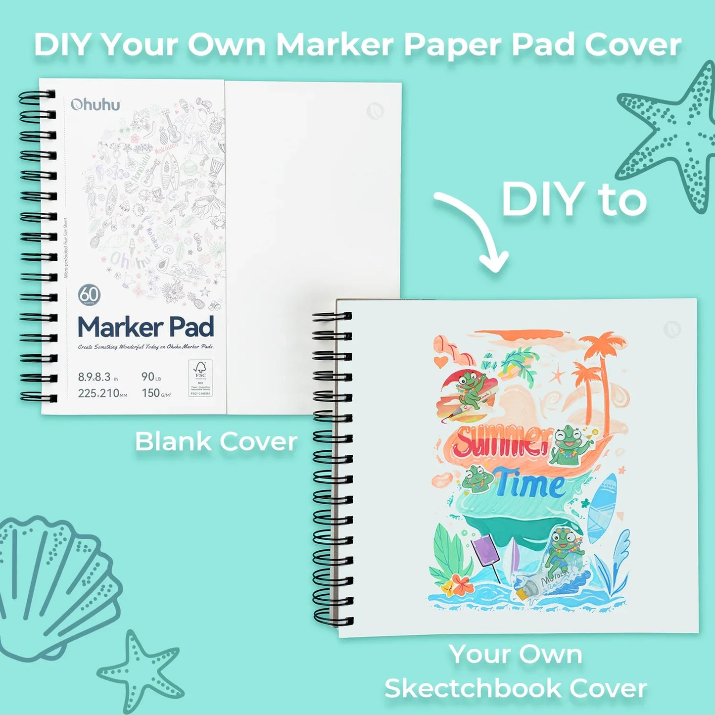 Ohuhu Spiral-bound Bleedproof Marker Pad, 60 Sheets, 225x210mm