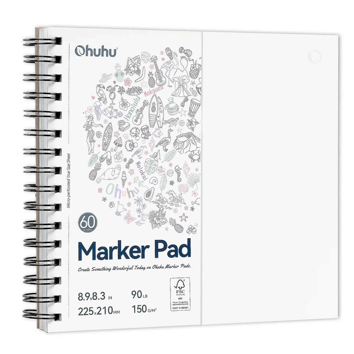 Ohuhu Spiral-bound Bleedproof Marker Pad, 60 Sheets, 225x210mm