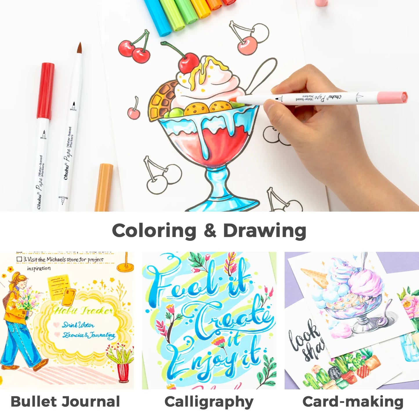 Ohuhu Pupe 60 Colours Paper-Friendly Dual Tip Water Based Art Markers