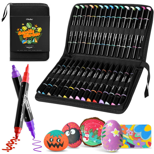 Ohuhu acrylic paint pens with 30 vibrant colors, dual tip fine and broad, suitable for arts and crafts projects.