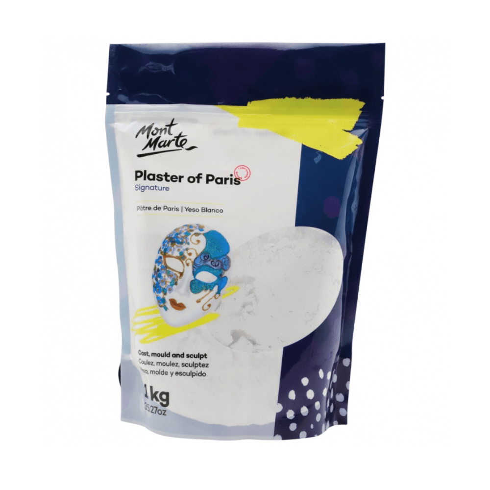 Mont Marte Plaster of Paris 1kg for art and crafting projects, shown in a container ready for use in creative modeling.