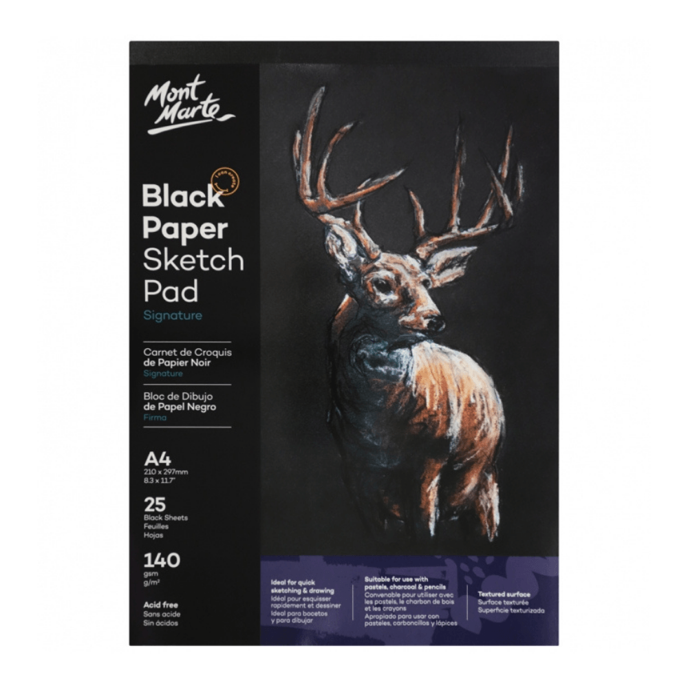 Mont Marte Signature Black Paper Sketch Pad, A4 size, 140gsm drawing and painting paper with 25 sheets.