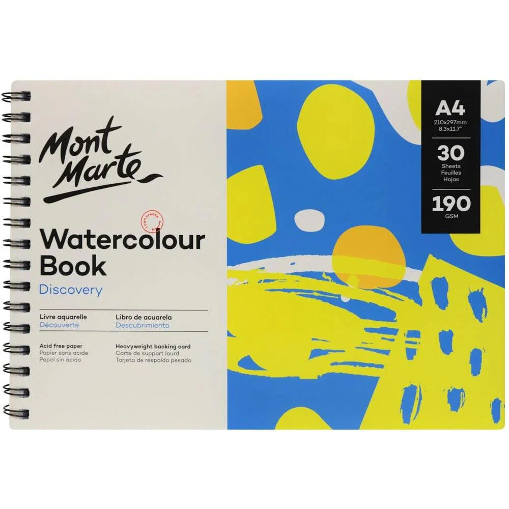 Mont Marte Watercolour Book Discovery A4 with 30 sheets of 190gsm drawing and painting paper for watercolor art projects.