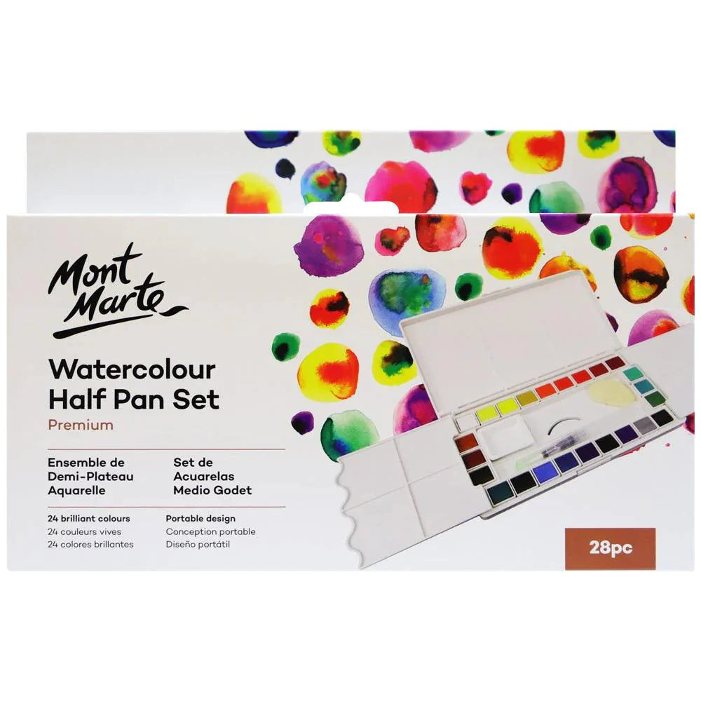 Mont Marte 28-piece watercolour half pan set with vibrant paint colors for art and craft projects.